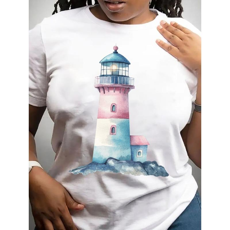 Women's T-Shirt Casual Round Neck Short Sleeve Tee for Spring/Summer,  Everyday Tshirt| Playful Print Tee| Fabric, Lighthouse Decor