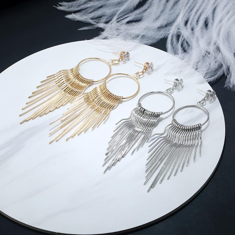 Korean Version of Zircon Exaggerated Women's European and American Metal Long Fringed Earrings Fashion Studs Earrings Jewelry