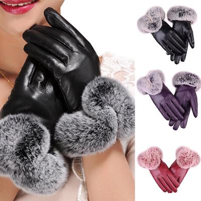 Frauen Winter Handschuhe Faux Kaninchen Fell PU Leder Touchscreen Fäustlinge Dame Weibliche Im Freien Fahren Warme Handschuhe