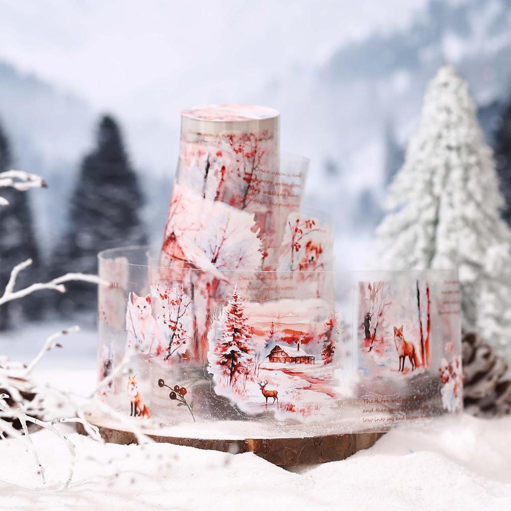 Kigofora Snölandsskog Collage Genomskinlig PET Djurskog Snölandskap Serie Flake Mokkiri Vinterskog Rulle DIY Dekorativa Klistermärken för Gåva