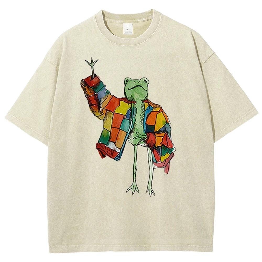 Cute Funny Style Cartoon Frog Print Ladies T-Shirt Loose Wash Oversized Short Sleeve Summer Fashion Cute Top Students