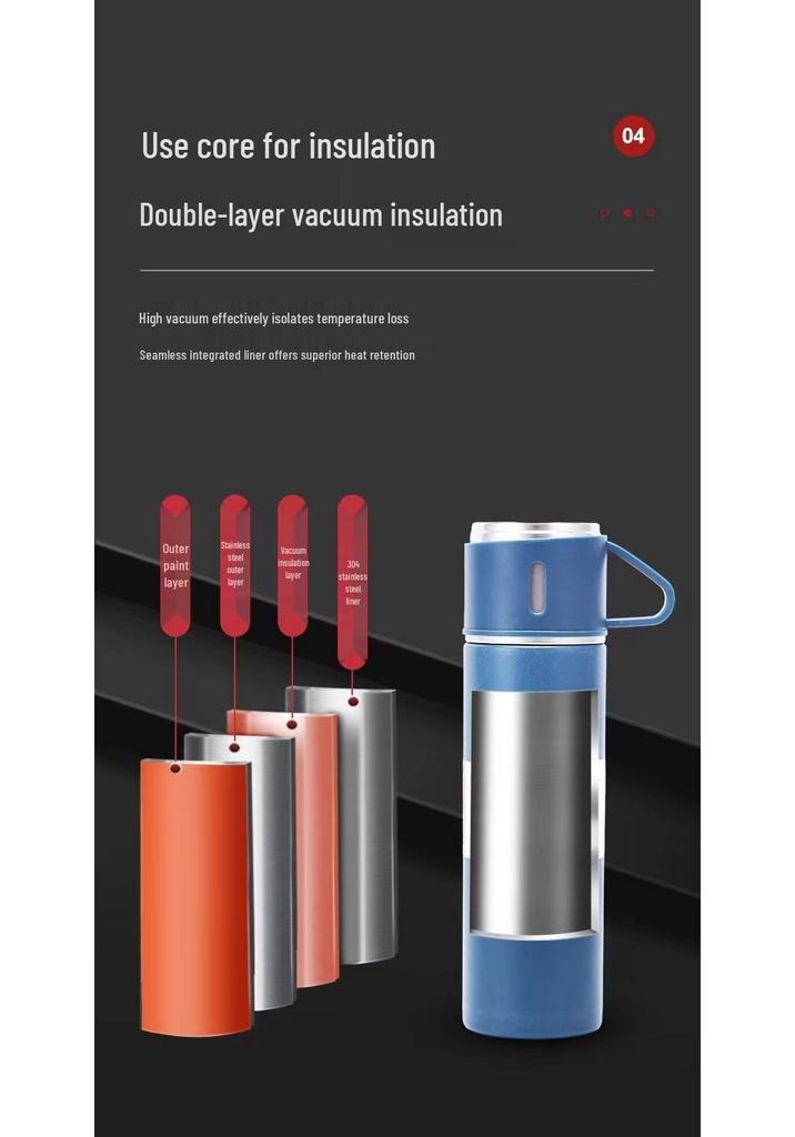 Portable Stainless Steel Thermos Cup Set with Three Lids, Laser-Engraved Logo, Ideal for Business Events