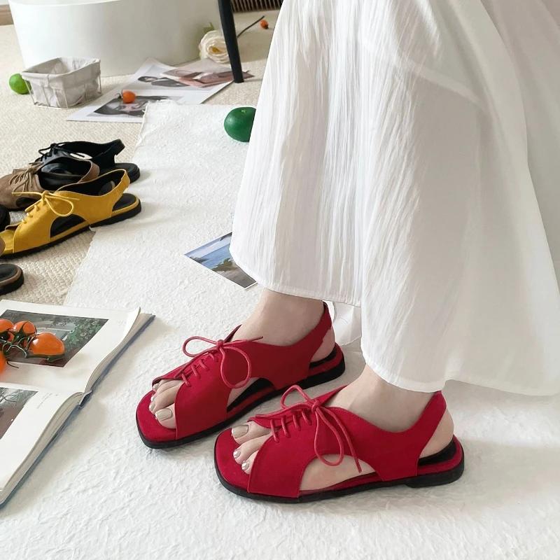 Fashion Retro Roman Style Flat Sandals Women Brown Faux Suede Lace Up Designer Shoes Comfort Open Toe Soft Sole Beach Shoe Zapatos Mujer