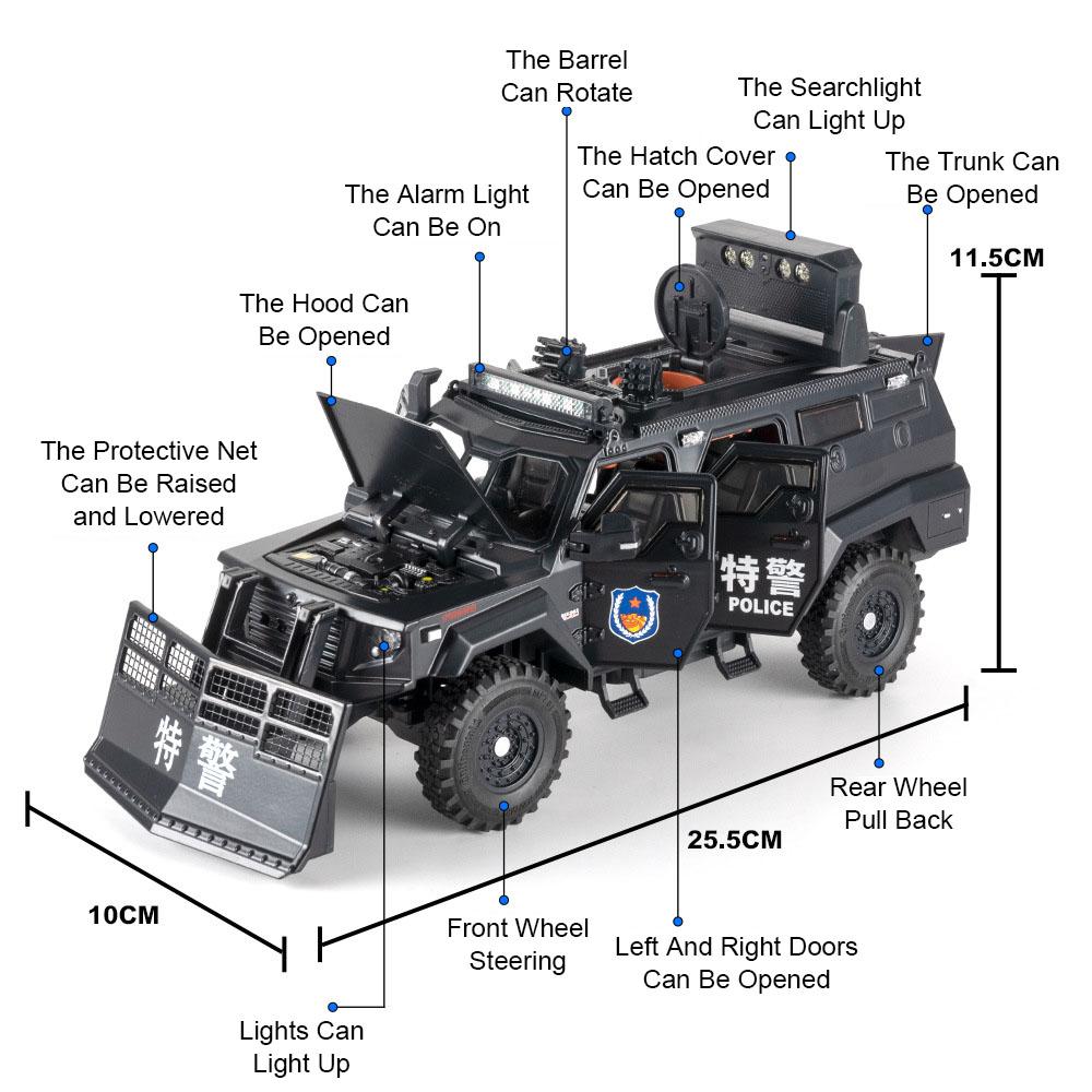 1:24 Rezvani Vengeance Spinosaurus Riot Police Car Model Toy Music Light Wheel Steering SWAT Models for Children's Gifts