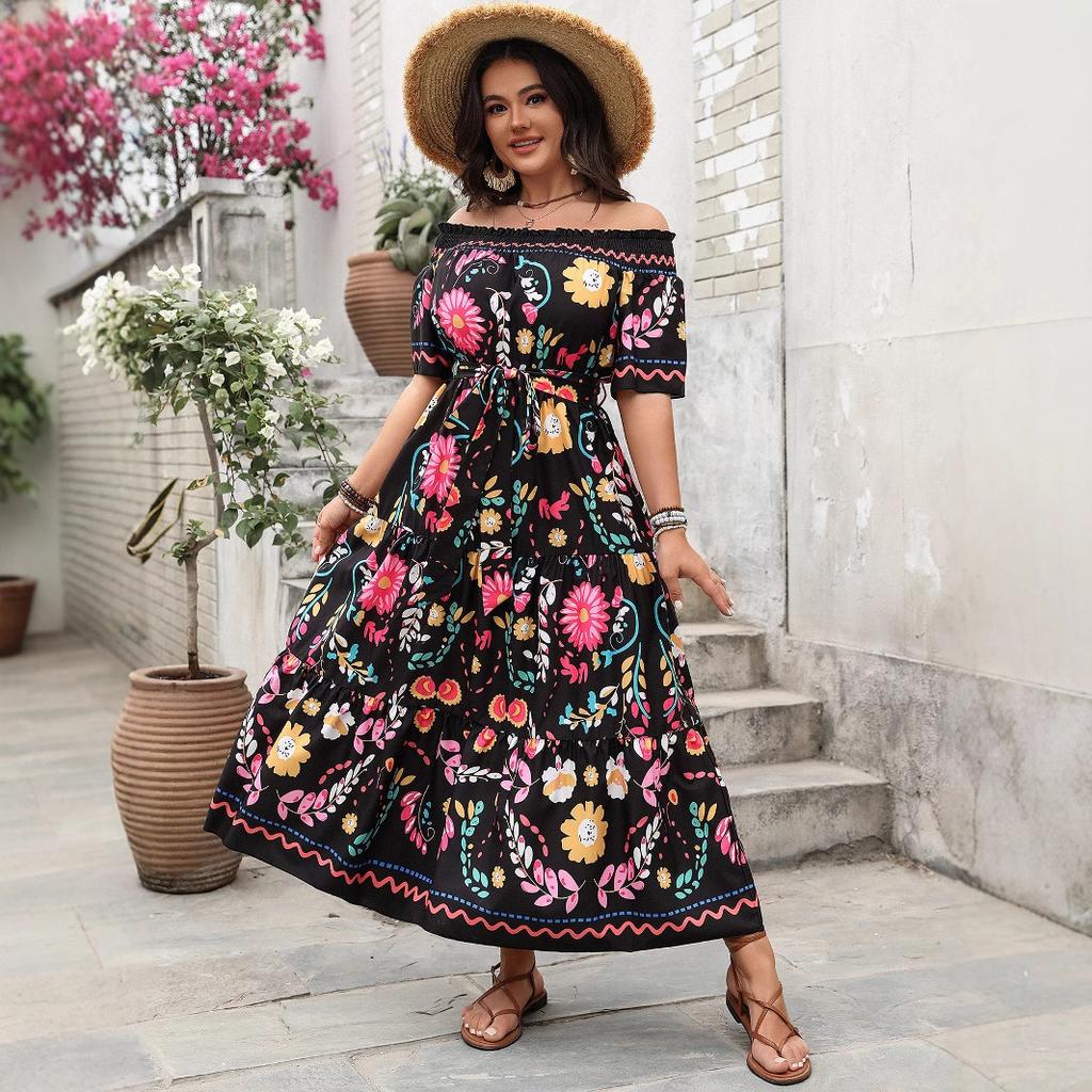 Frühlings- und Sommer-Damenkleid mit Temperament, Farbkontrast, Druck, Einreiherkragen, Kurzarm