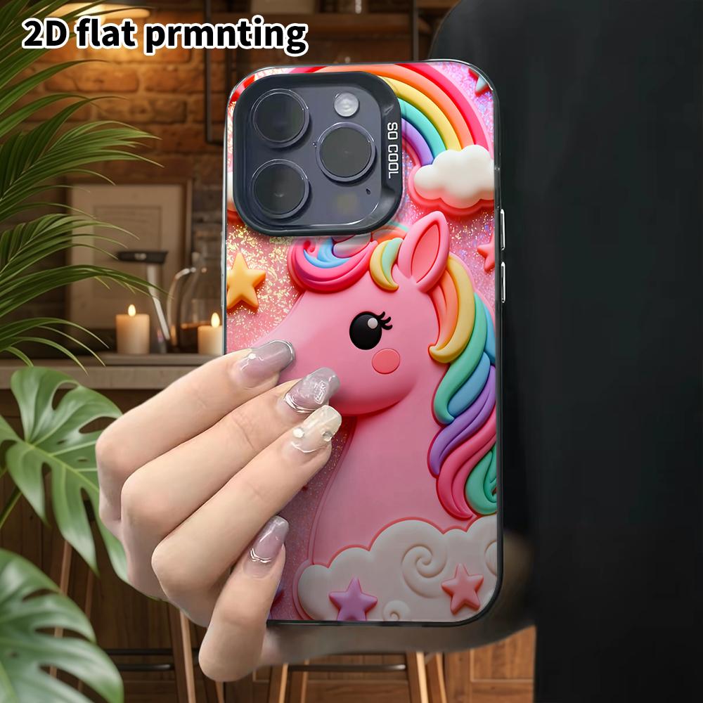Phone Case: 2D Flat Design, Fits iPhone 18, 17, 16, 15, 14, 13 Pro, Color Silver Protective Case, Couple Style, Pink Unicorn, Christmas and Halloween