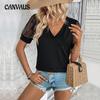 Summer Women's T-shirt V-neck Fashion Lace Sleeves Comfortable Casual Solid Color Short Sleeve T-shirt