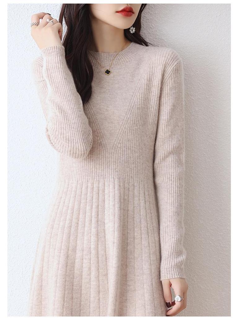 Women's Wool Round Neck Long Sweater Dress - Autumn/Winter Slim Knit Versatile Outerwear