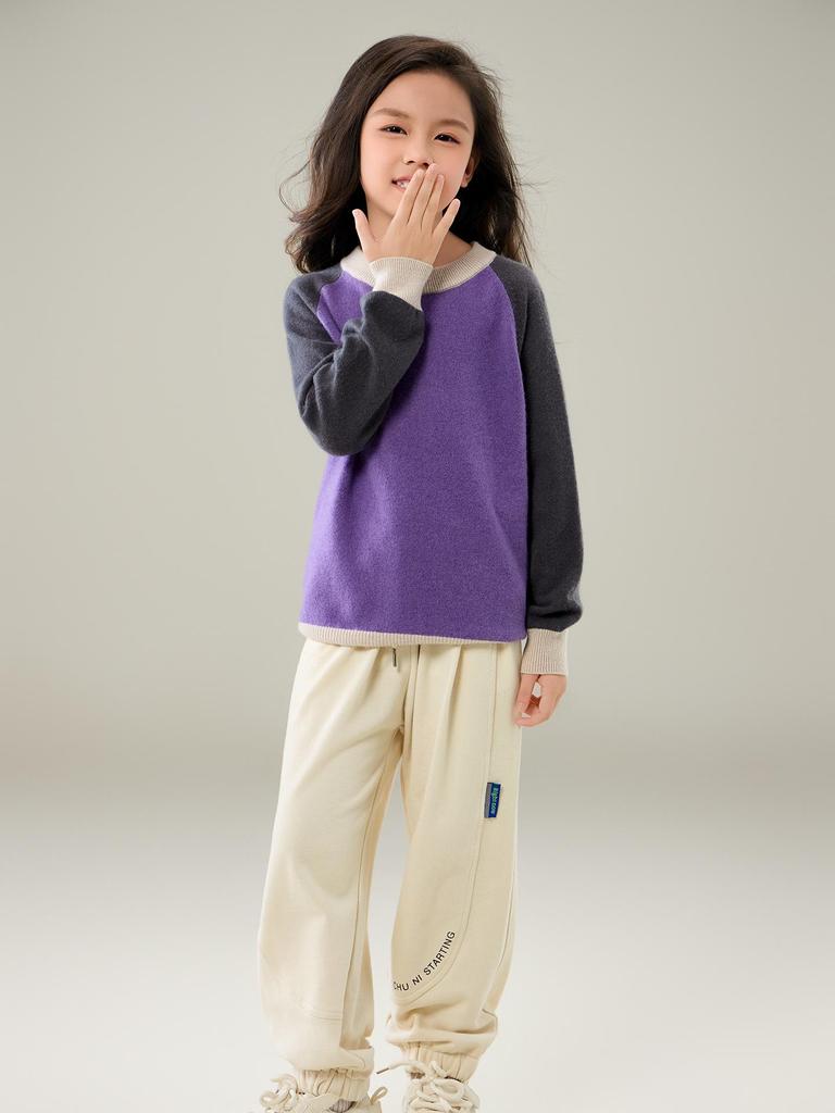 100% Wool Color Block Crew Neck Sweater for Boys & Girls - 2025 Autumn/Winter Collection