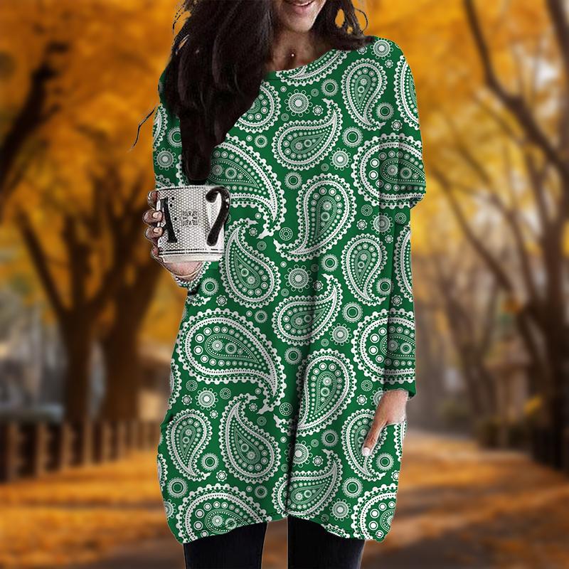 New In Autumn Water Droplets Print Plus Size Dress Women O'neck Long Sleeves Casual Pocket Dresses