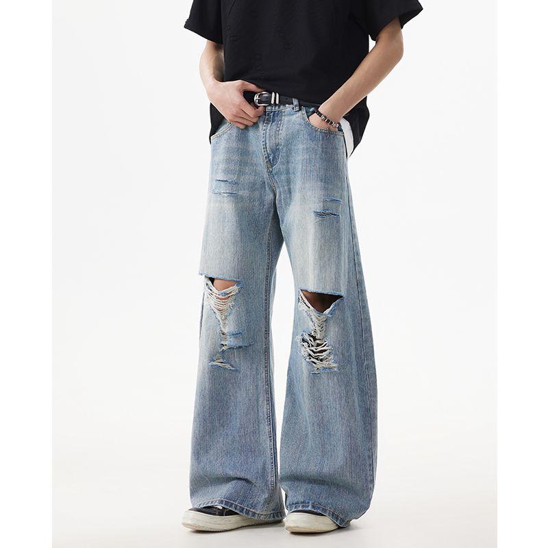 

Acrardic High Street American-Style Ripped Machete Jeans Men s Ruan Handsome Loose Washed Old Bamboo Pattern Pants Fashion Light Blue 2XL