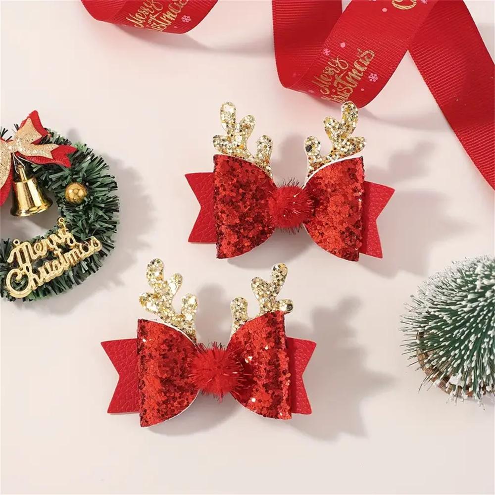 4pcs Children's Christmas Antler Hair Clip Glitter Elk Bow Hair Accessories For Girls Princess Pompom Party Hairpins Ideal Gifts