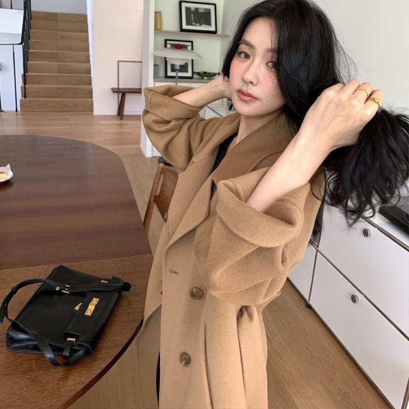 Women's Camel Wool Overcoat - Autumn/Winter High-End Suit with Belt, Petite Fit, Long H-Version, Elegant Temperament, Style 801