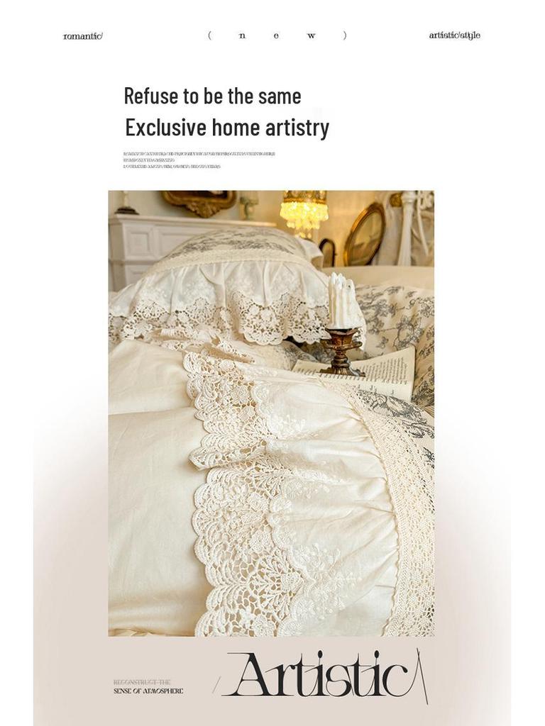 French Retro Princess Style Cotton Bedding Set with Lace Edge