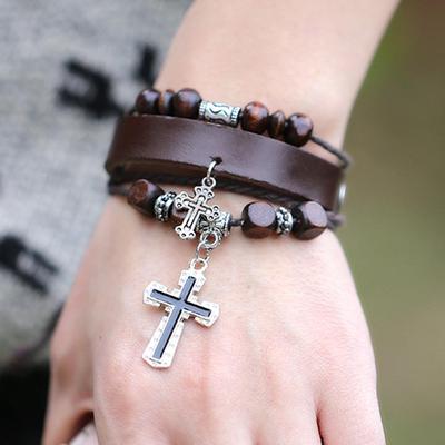 Modeschmuck, handgefertigt, Doppelkreuz-Anhänger, Perlen-Lederarmbänder, verstellbar, mehrschichtig, geflochten