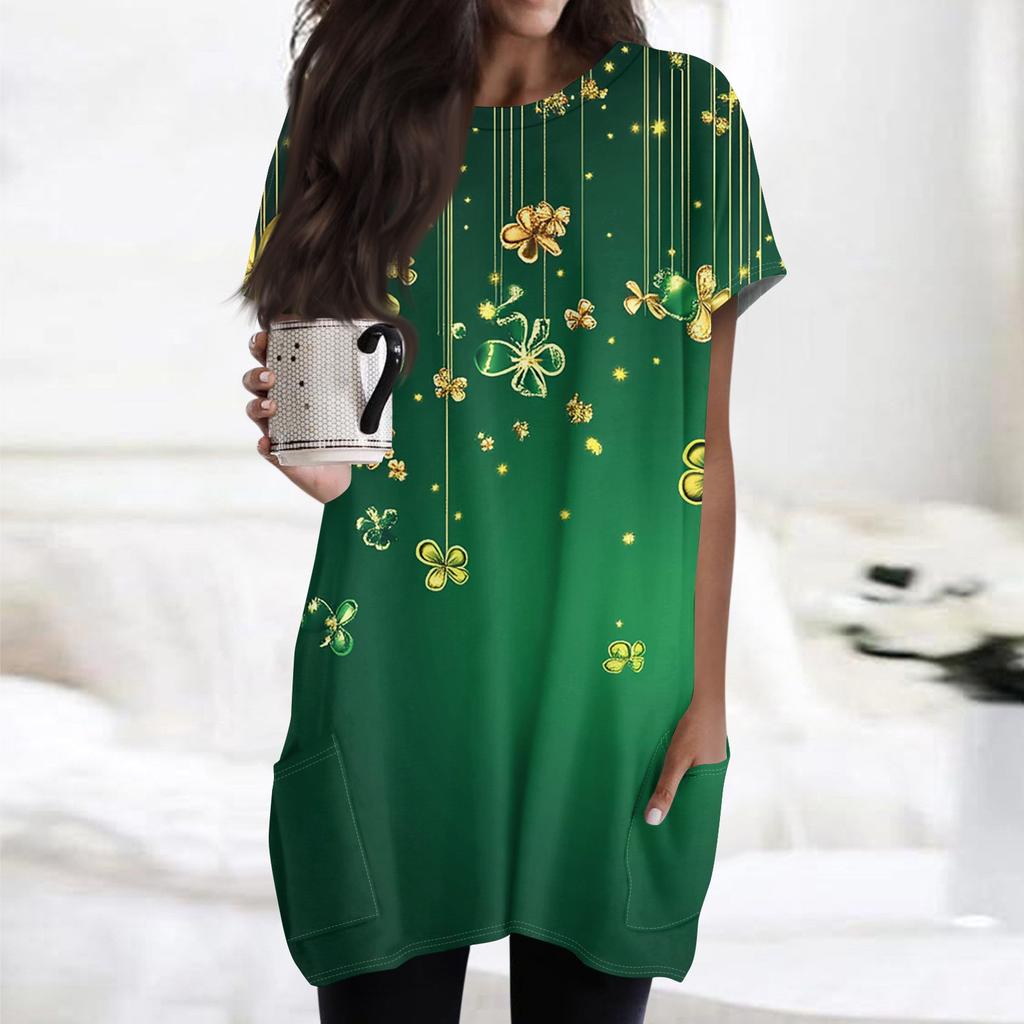 Women's Fashion Casual Short Sleeve Print Round Neck Double Pocket T-Shirt Top