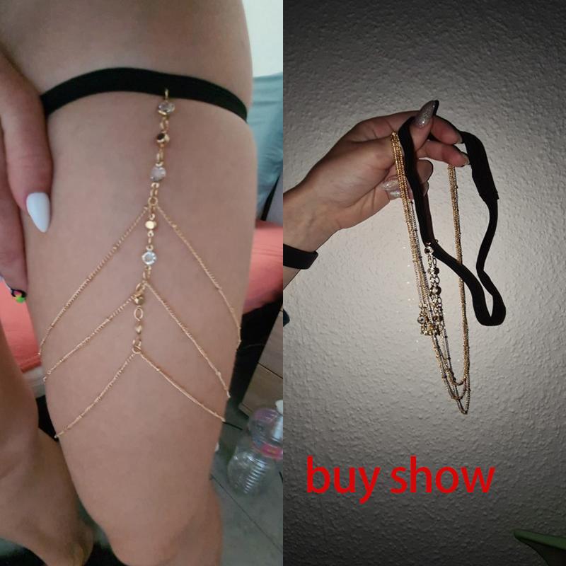 IngeSight.Z Sexy Multilayer Tassel Pearl Clip Bead Leg Chain for Women Simple Adjustable Elastic Thigh Chain Beach Body Jewelry