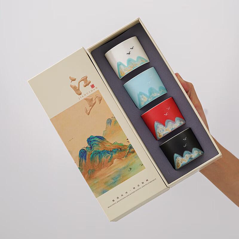 Guochao Hand-painted Ceramic Tea Cup Set - Thousand Miles of Rivers and Mountains Design, Cultural Gift Box