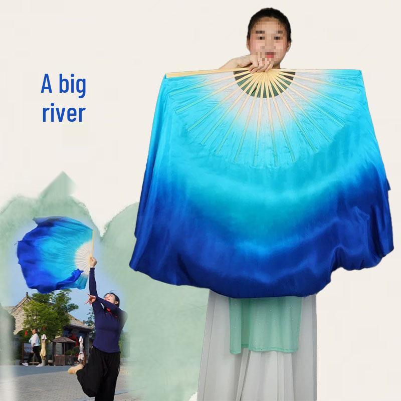 Sapphire River Dance Fan: Jiaozhou Yangge s Thousand Miles of Rivers and Mountains Imitation Fan, 31cm, 20cm Streamer