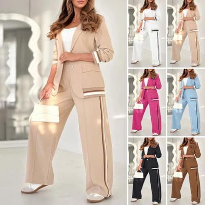2 Pcs/Set Women Suit Coat Pants Suit Turn-down Collar Long Sleeves Stretchy Hem Jacket Wide Leg High Waist Trousers Commuting Office Outfit