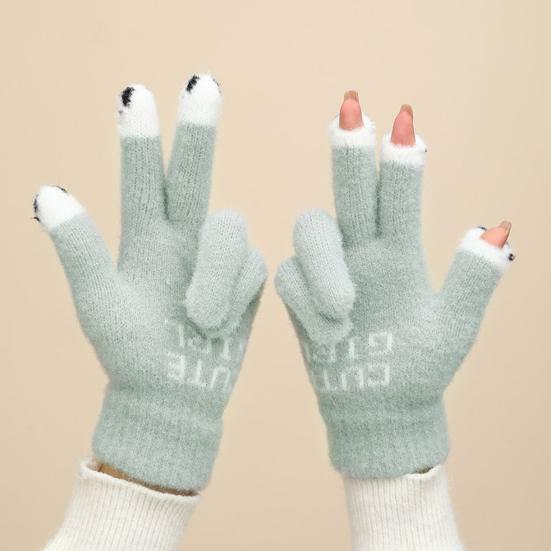 1 Pair Warm Plush Gloves Cutout Finger Tips Thick Plush Funny Cartoon Face Knitted Soft Elastic Anti-slip Warm Touch Screen Cycling Gloves