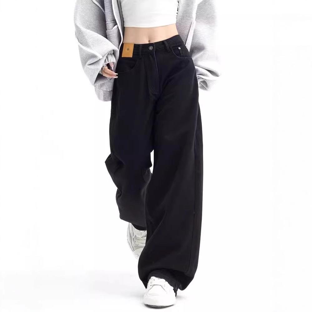 Plus Size Black Fleece-Lined Denim Pants for Women - Autumn/Winter High Waist Wide Leg