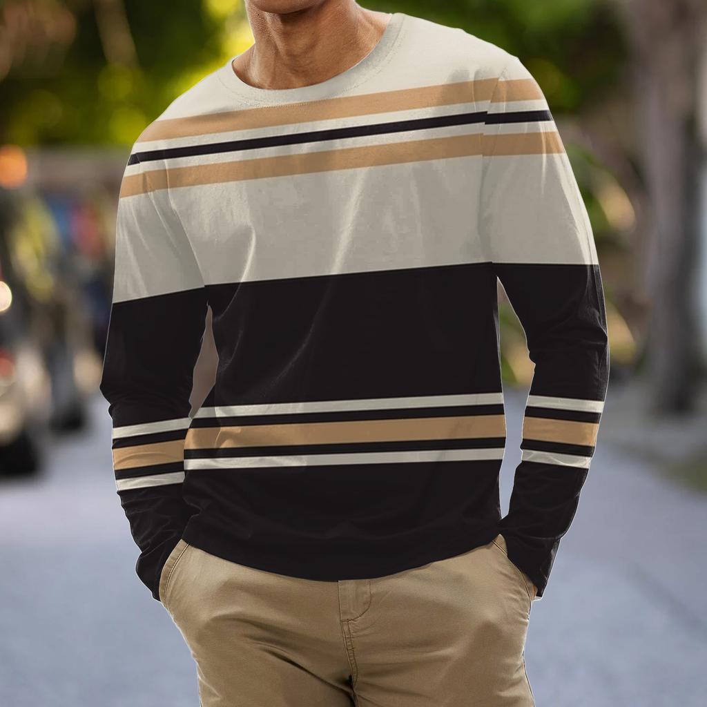 Herremote Casual Stripe trykt Langermet O-hals skjorter Topper Bluse