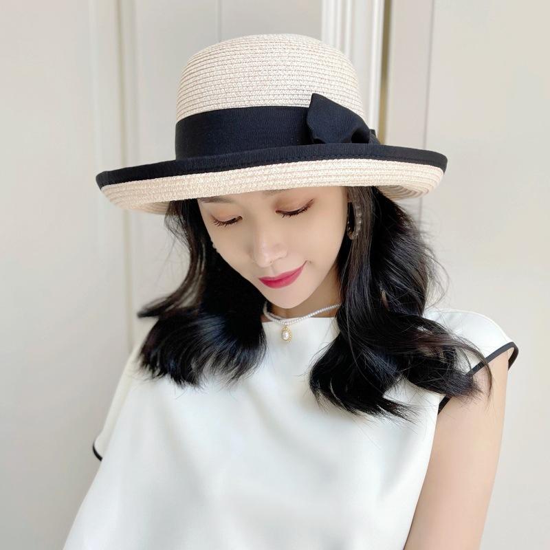 Small Fresh Bow Beige Curled Edge Small Straw Hat Women'S Summer Sunshade Sunscreen Vacation Beach Sun Hat Tide
