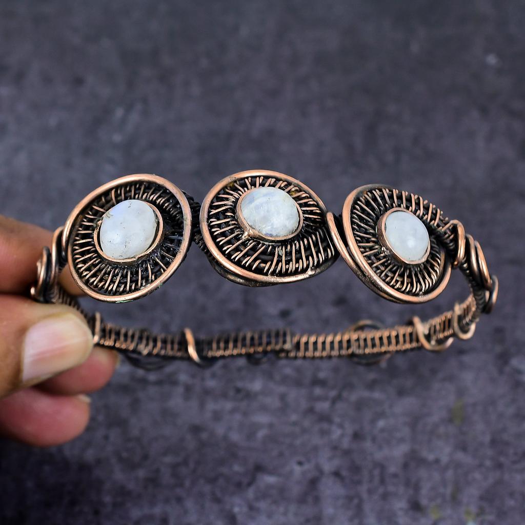 Natural Moonstone Gemstone Handmade Copper Wire Wrap Cuff Bangle Adjustable ET-4662