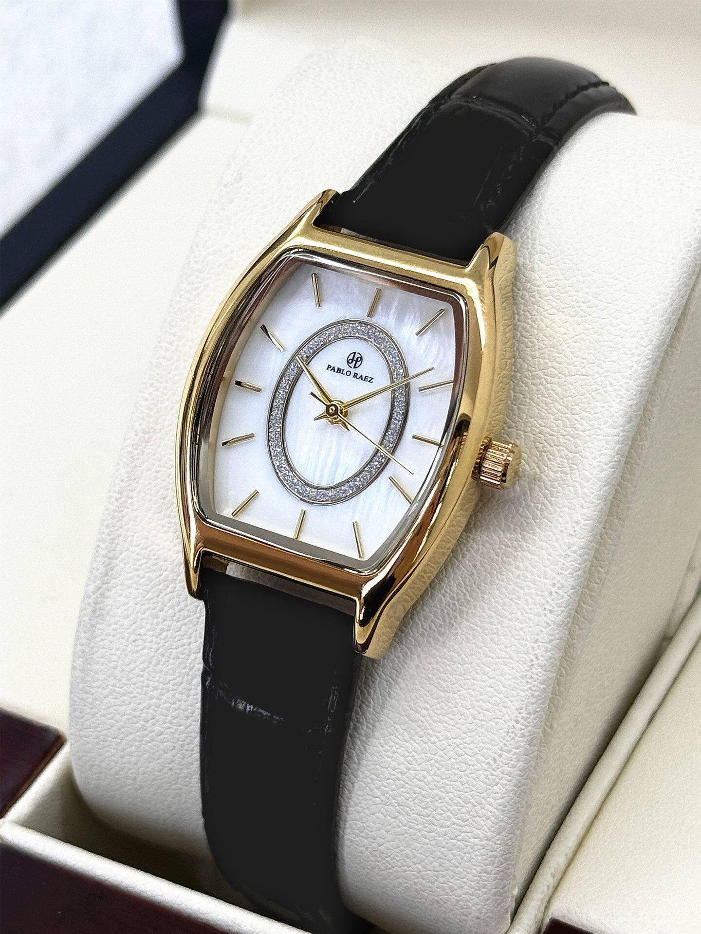Pablo Raez Versatile Women s Watch: Fashionable Bucket-Shaped Case with Mother-of-Pearl Dial and Sub-dial.