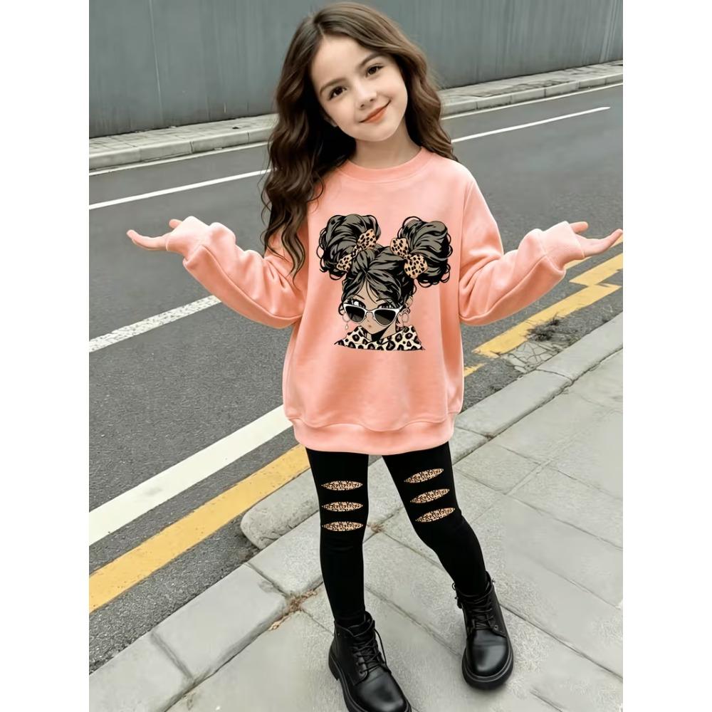 Girls' Leopard Mouse Casual Comfortable Soft Loose Pullover Sweatshirt and Leggings 2-Piece Set, New Autumn/Winter, Playful, Sweet and Cool Style