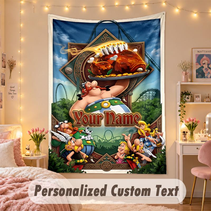 Maßgeschneidigte personalisierte Wandteppich, Asterix & Obelix Druck Benutzerdefinierter Text Name Wandkunst zum Aufhängen für Schlafzimmer