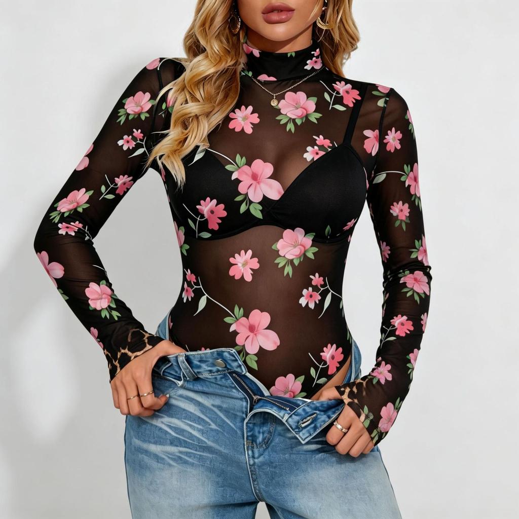 New Slim-Fit Long-Sleeve Mesh 2026 Spring Women's Sexy Sheer One-Piece T-Shirt