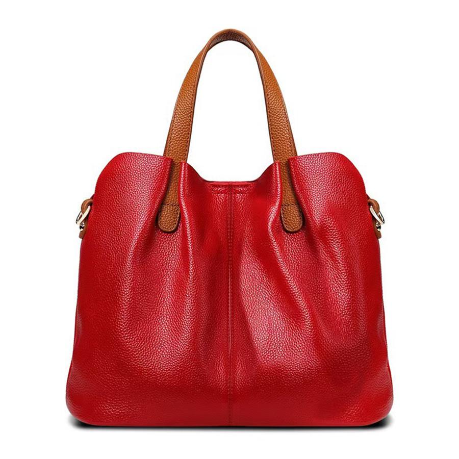 

Leather Women Tote Bag Ruched Ctrast Color Top Layer Cowhide Shoulder Crossbody Handbag Versatile Shopping Bag Commuter Clutch 31x14x25cm червоний