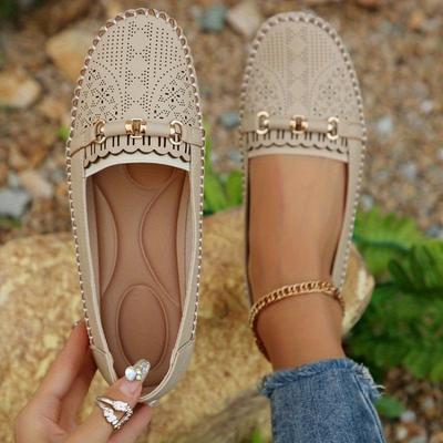 Damen-Loafer mit Perforation und goldfarbenem Schnallen-Detail - Atmungsaktive Kunstleder-Slip-On-Schuhe, Leicht & Bequem für Freizeit