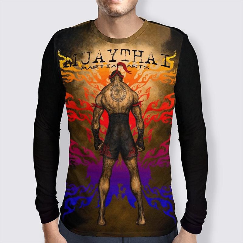 Spring and Autumn Round Neck Muay Thai Graphic 3D Printed Top Fashionable Casual Long Sleeved Men's T-shirts