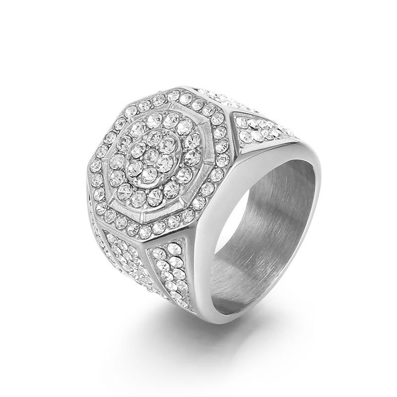 Hip Hop Full Zircon Larger Finger Rings Men's Shiny Stainless Steel Women's Gold Color Anillos Cocktail Ring Party Jewelry Gift