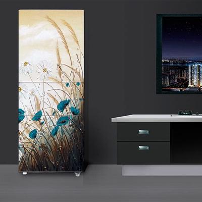 Blue Flower Sun Beach Scenery Refrigerator Sticker Peel and Stick Waterproof Double Door Freezer Cupboard Decor Art Mural