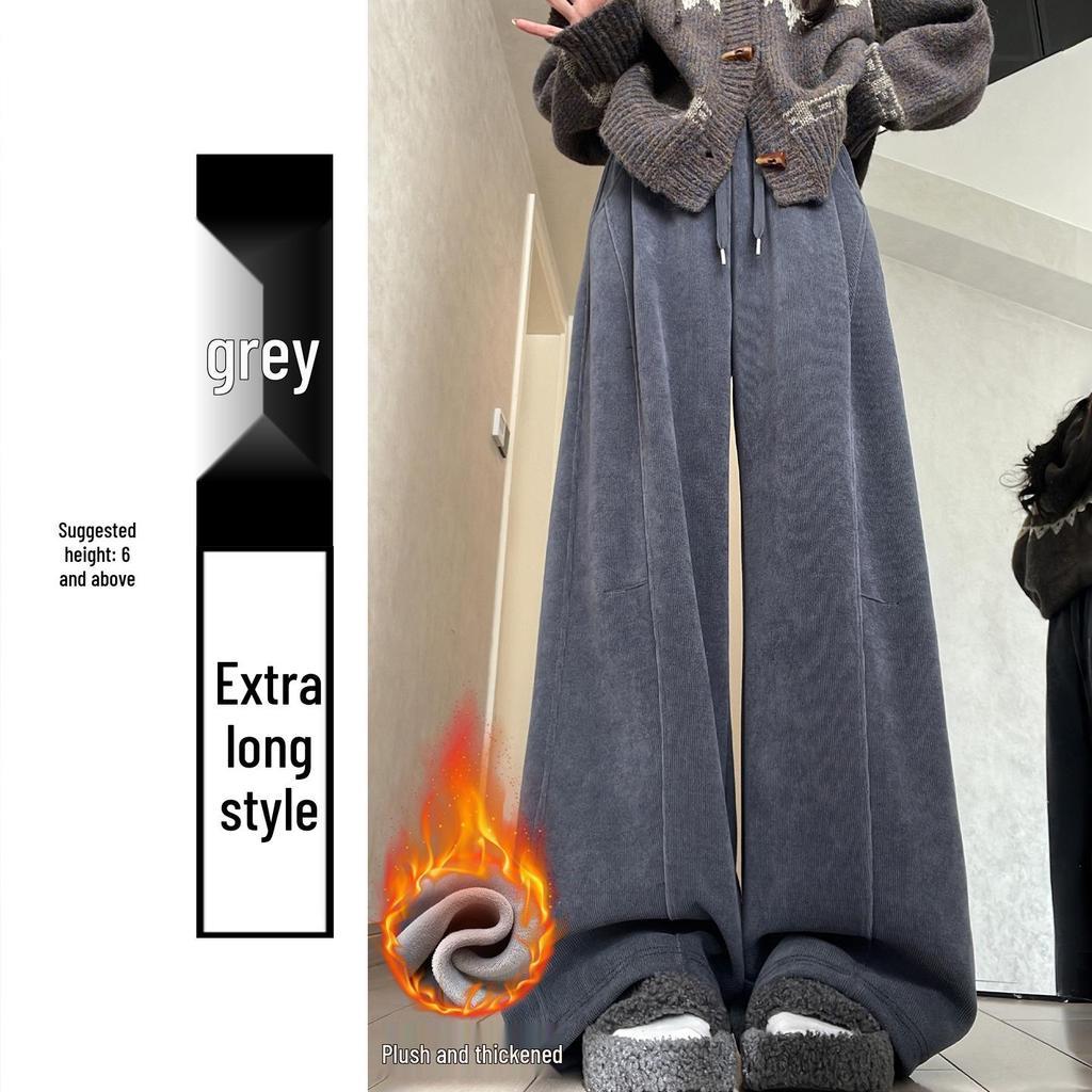 Women's High-Waisted Gray Corduroy Wide-Leg Pants - Autumn/Winter Plus Velvet Thickened Long-Leg Sports Sweatpants