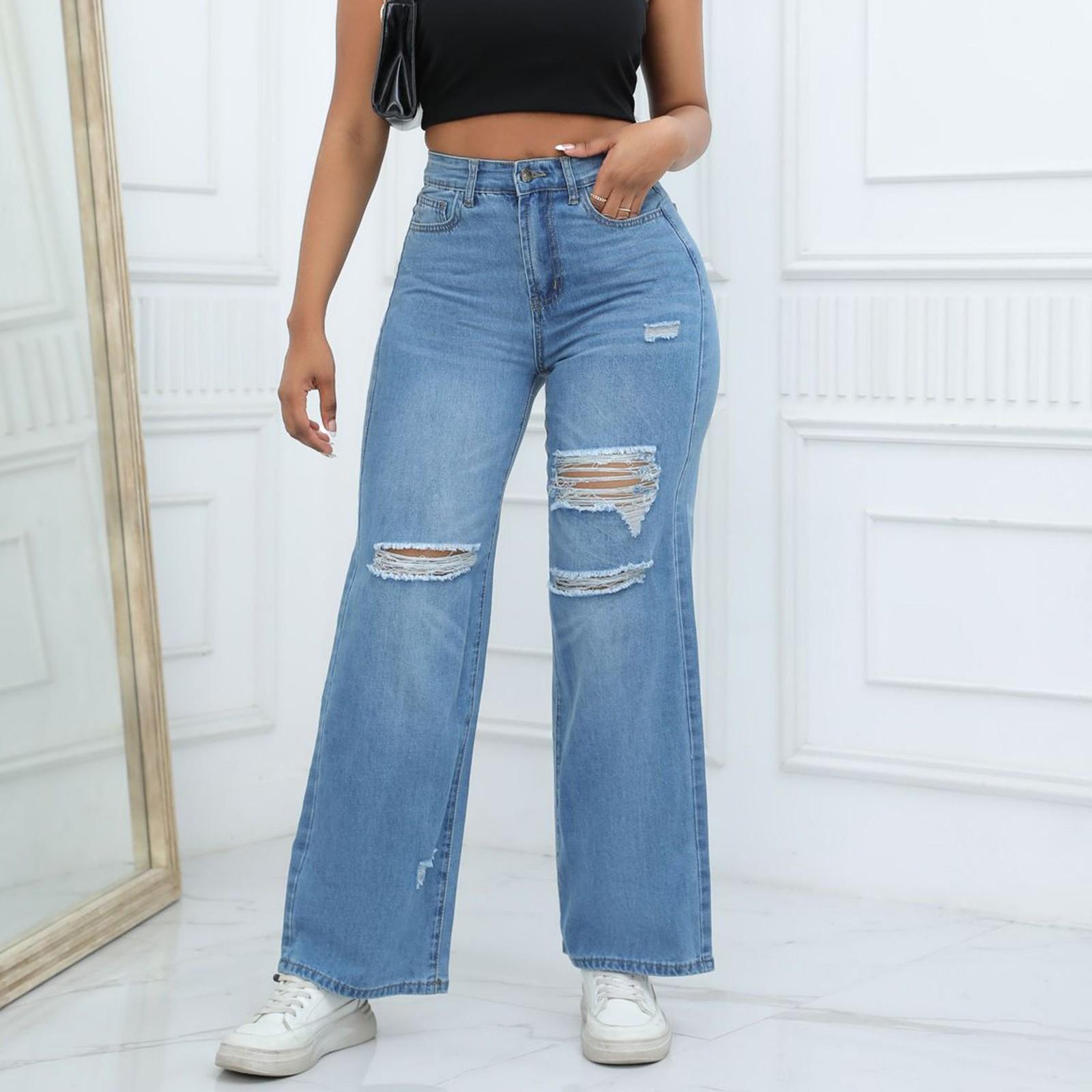 

Джинсы женские с рваными карманами в стиле ретро с высокой талией, прямые брюки S