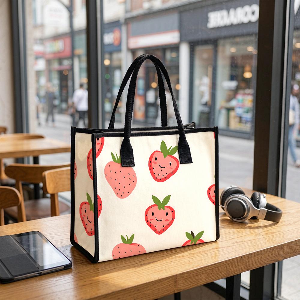 Cute Strawberry Printed Canvas Tote Bag Portable Casual Daily Shopping Handbag for Women