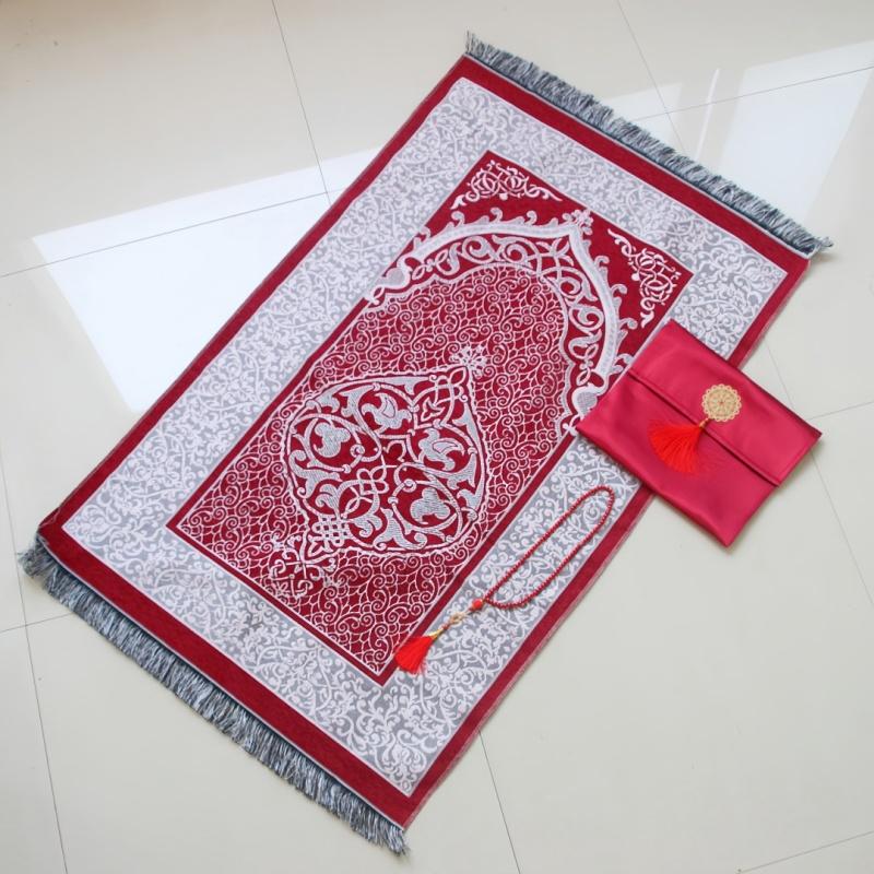 Turkish Style Gloss Silk-Like Printed Non-Slip Prayer Rug with Matching Carry Bag Popular Ramadan Religious Present Mat