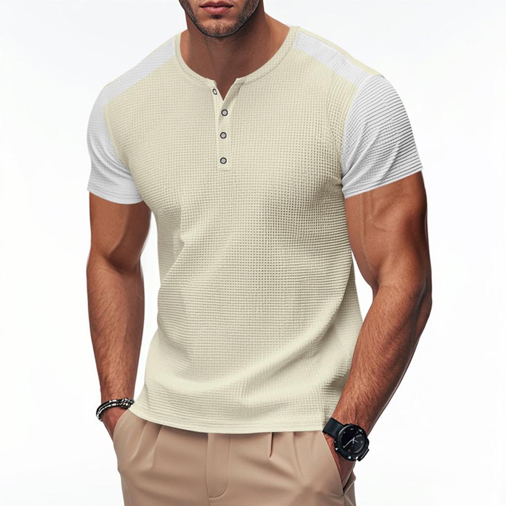 Men's Round Neck Single-Breasted Color-Blocked Casual Sports Short-Sleeve Top