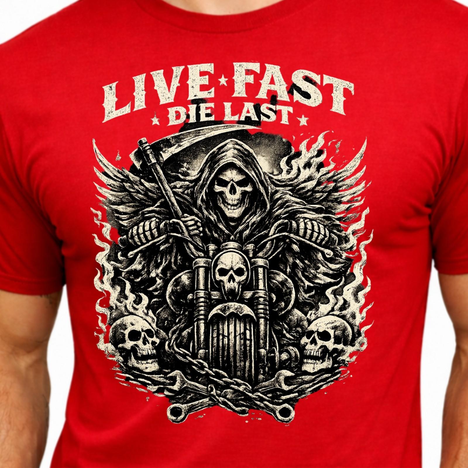 Live Fast Die Last Grim Reaper Motorcycle Skulls Flames Gothic Biker T-Shirt. S