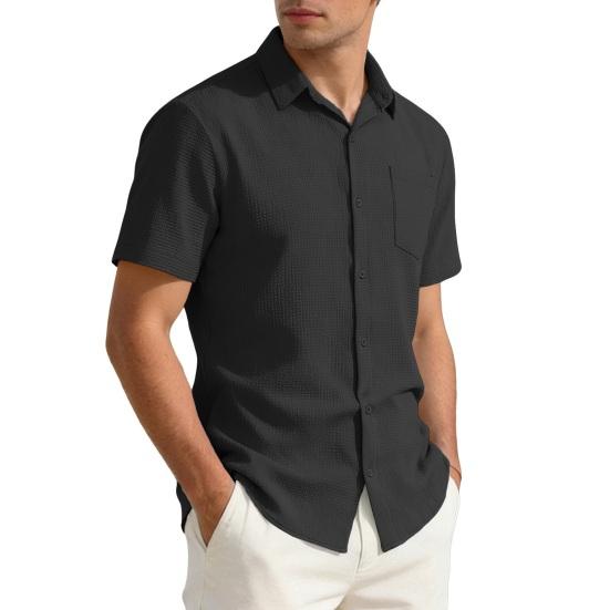 Мужская летняя рубашка на пуговицах с коротким воротником, текстурированная, с коротким рукавом, отложной воротник, однотонная, свободная, праздничная рубашка S чёрный