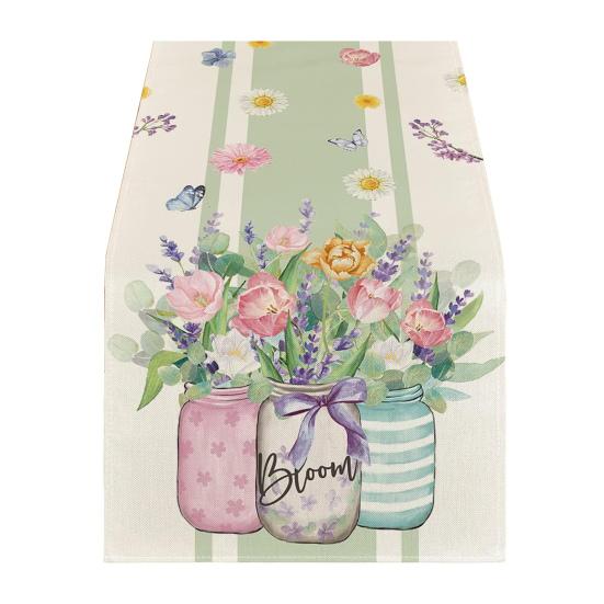 Floral Table Runner Spring Summer Linen Watercolor Flowers Plants Table Runner Machine Washable Table Protector for Home Farmhouse Dinner Party