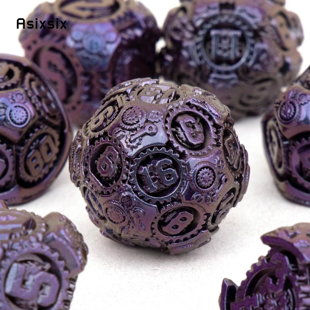 7-teiliges violett-schwarzes Zahnrad-Metallwürfel-Set aus solidem polyedrischem Metall, geeignet für Rollenspiele, RPG-Brettspiele, Kartenspiele