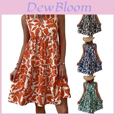 Bohemian Floral Print Cotton Blend Vneck Aline Dress For Summer Casual Wear