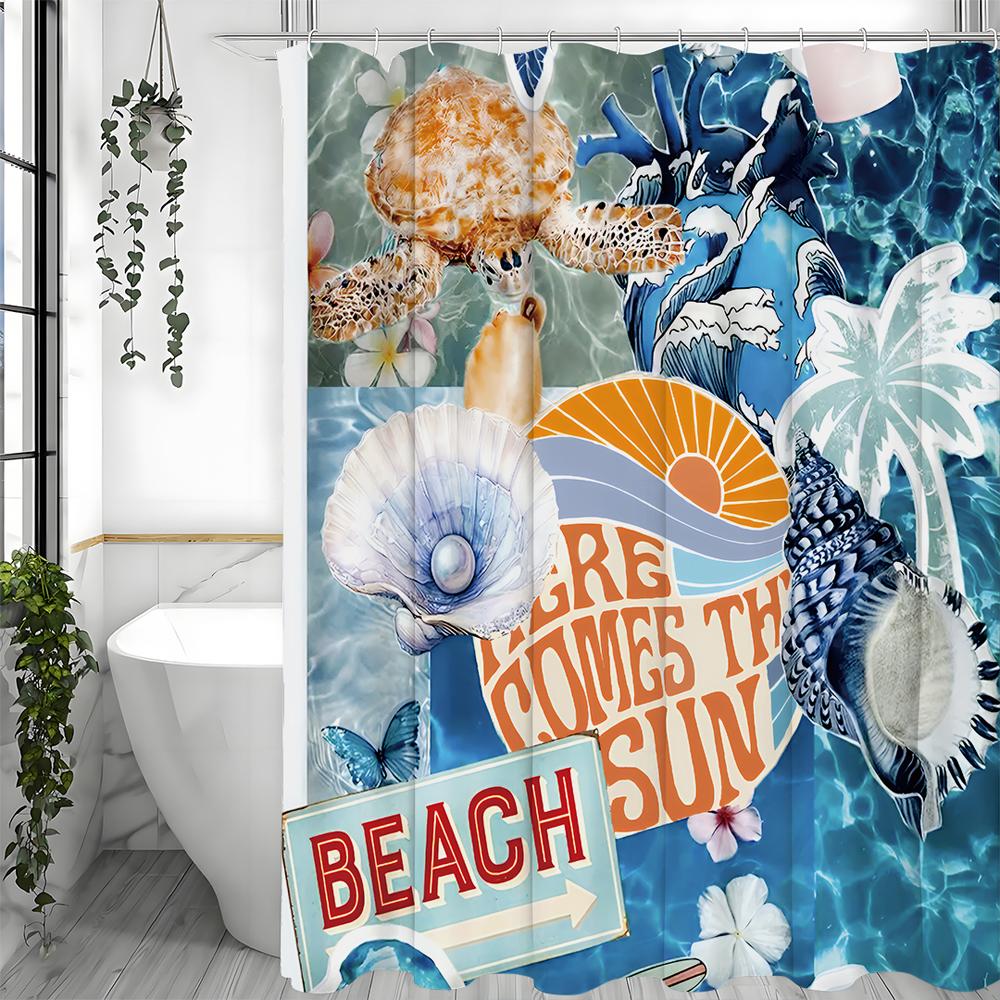 Ocean Collage Turtle Shell Pearl Coconut Tree Shower Curtain, Bathroom Decorative Shower Curtain, Waterproof Shower Curtain with