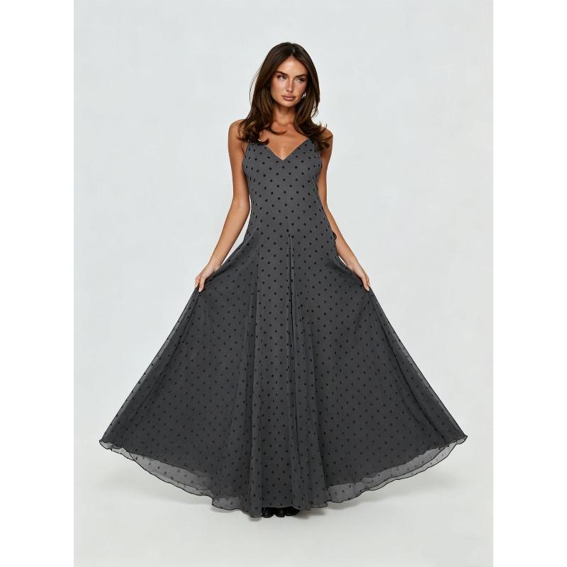 Women's French Polka Dot Spaghetti Strap Maxi Dress V Neck High Waist Elegant Vacation Long Dress